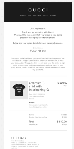 Gucci receipt example