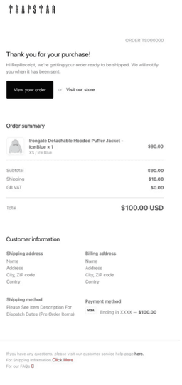 Trapstar receipt example